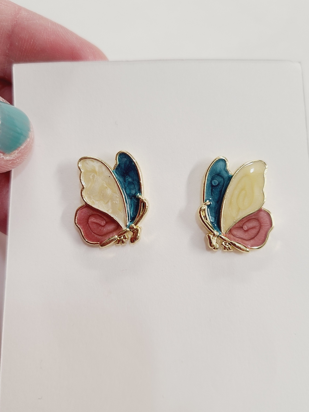 Gold Butterfly Stud Earrings in Blue, Cream & Pink